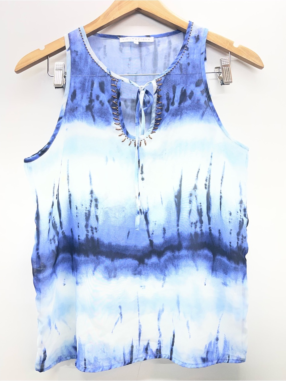 Violet & Claire Blue Tie-Dye Chiffon Sleeveless Tank with Beaded Neckline